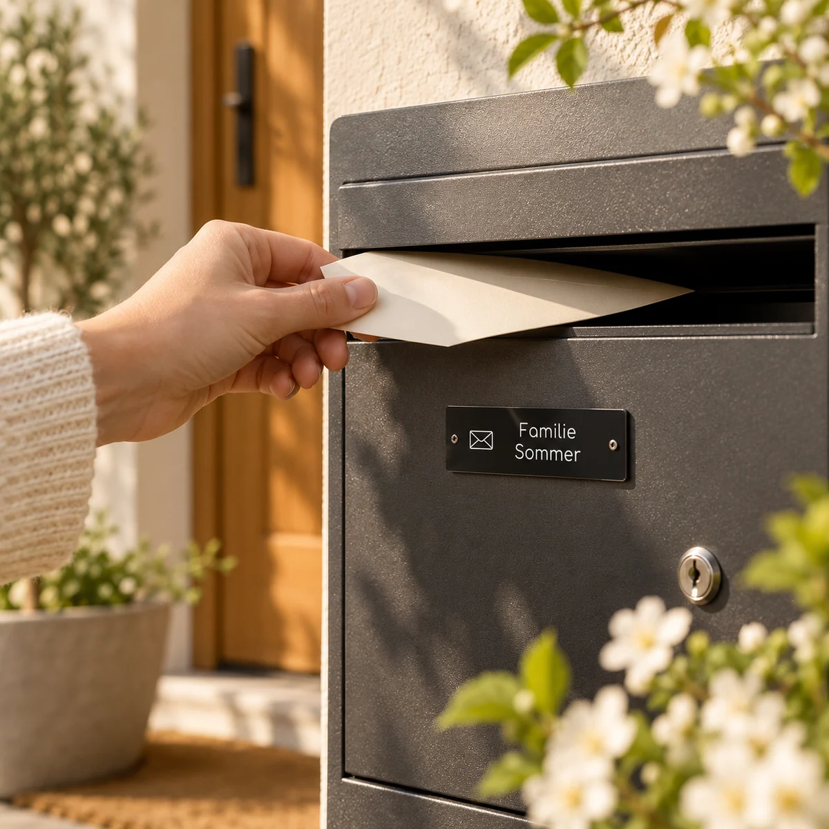 Schwarzes Aluminiumschild Familie Sommer an einem Briefkasten