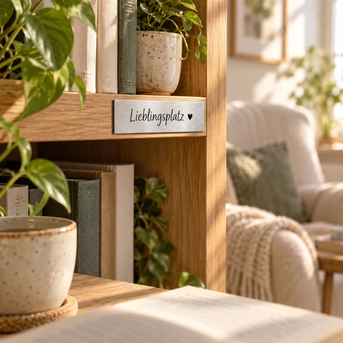 Silberfarbenes Kunststoffschild Lieblingsplatz mit Herz an einem Holzregal